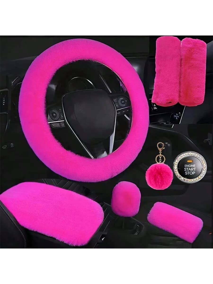 8 Pieces Set Combination Pink Goddess Plush Car Steering Wheel Cover Rex Rabbit Fur Fluffy Steering Wheel Cover,Purple Car