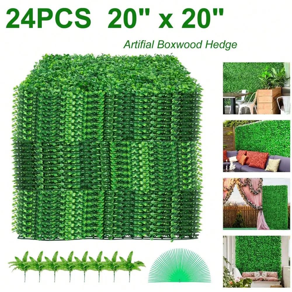 24 Pezzi Pannelli di Bosso Artificiale 20x20x1.6 Pollici, Pannelli Muro Siepe UV Effetto Bosso, Sfondo in Erba Artificiale, Muro Verde Finto