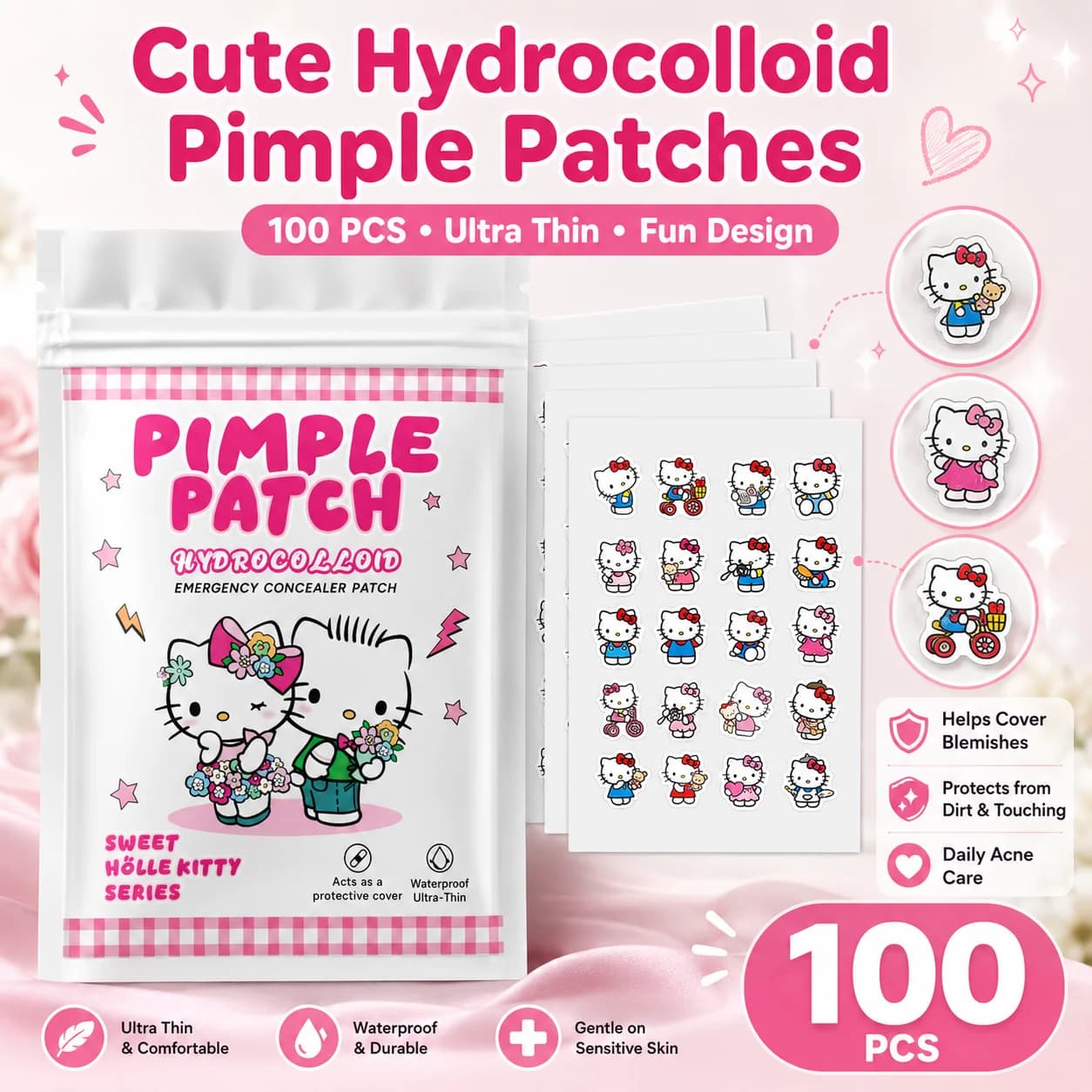 100 Pezzi Cerotti per Acne Hello Kitty, Cerotti Facciali per Acne, Cerotti Idrogel per Rimozione Acne, Correttore