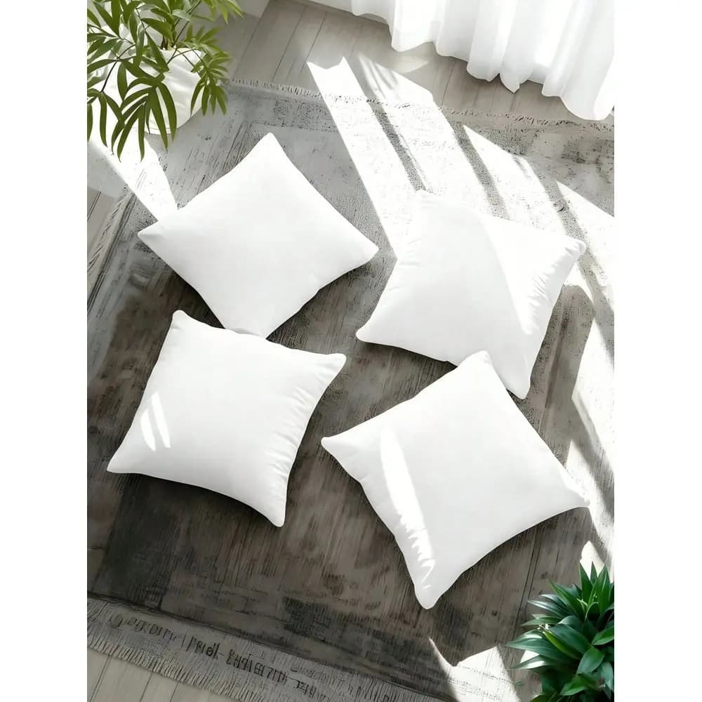 Of 4 White Square Throw Pillows 45x45cm, Decorative Sofa Cushions. Soft Polyester Fabric With Plush Texture, Perfect For Beds A