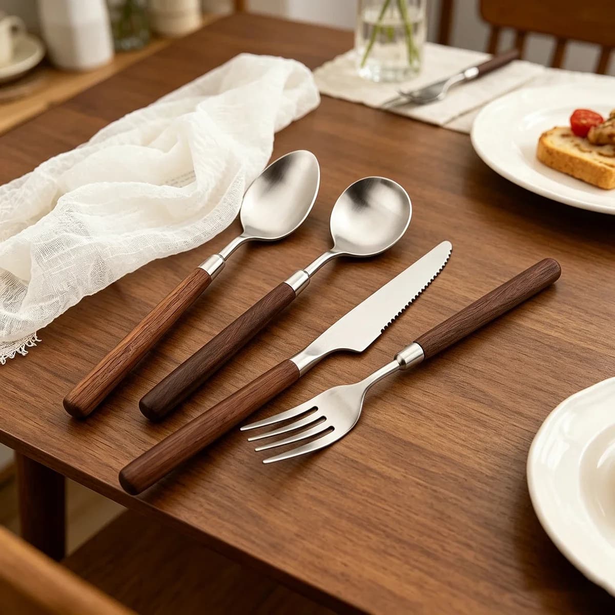 1/4pcs Matte Kitchen Dining Party Silverware Stainless Steel Tableware Set Knife Fork Spoon Dinnerware Wooden Handle Cutlery Set