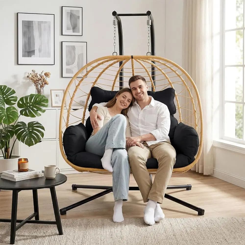 Double Hanging Egg Chair with Stand, Outdoor Indoor Swing Chair, Removable Cushion, 2 Person, Heavy Duty 700LBS, Patio, Bedroom,