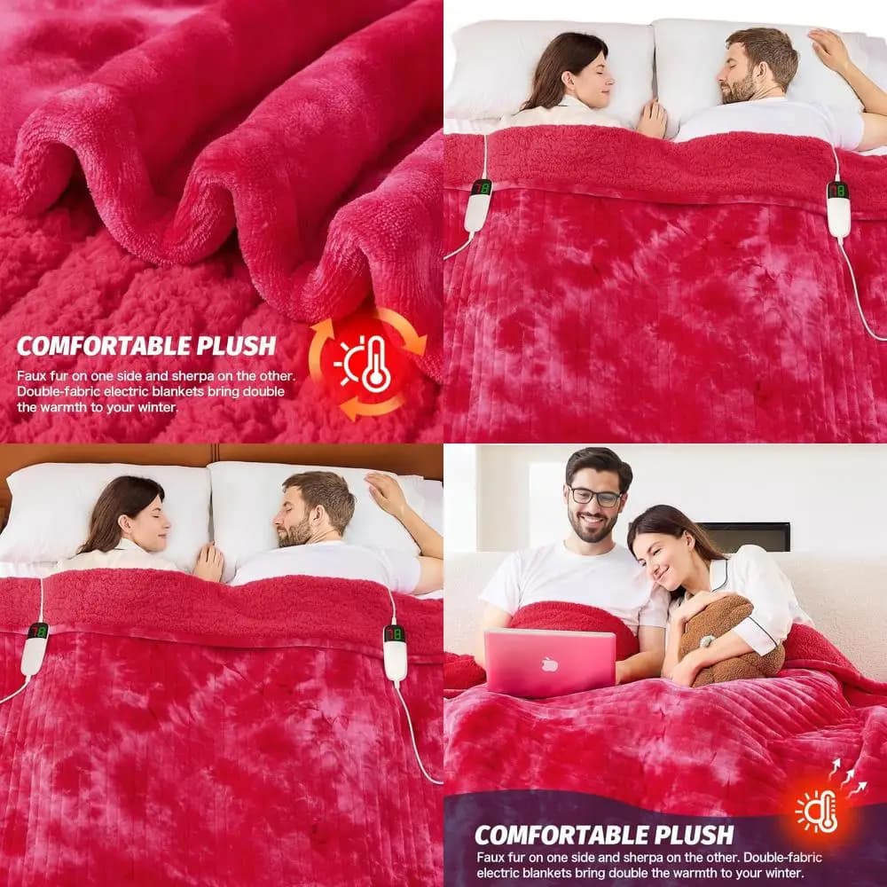 Coperta elettrica Sherpa in pelliccia sintetica rossa con timer a 5 posizioni e 10 livelli di riscaldamento, 84x90, regalo caldo ideale per mamma o nonna
