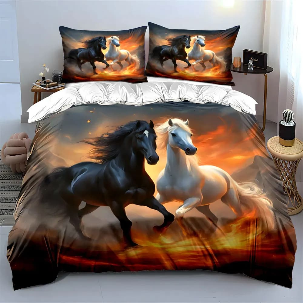 Set di biancheria da letto con stampa di cavalli al galoppo in bianco e nero con fiamme, morbido e confortevole, include 1 copripiumino e 2 federe.