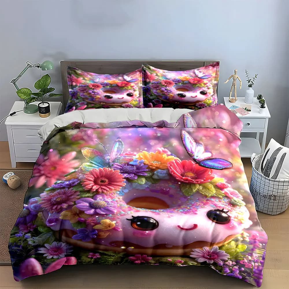Set Decorativo Floreale a Forma di Ciambella per Bambini, Set di Biancheria da Letto con 1 Copripiumino e 2 Federe, Singolo, Matrimoniale, King, Queen, Regalo