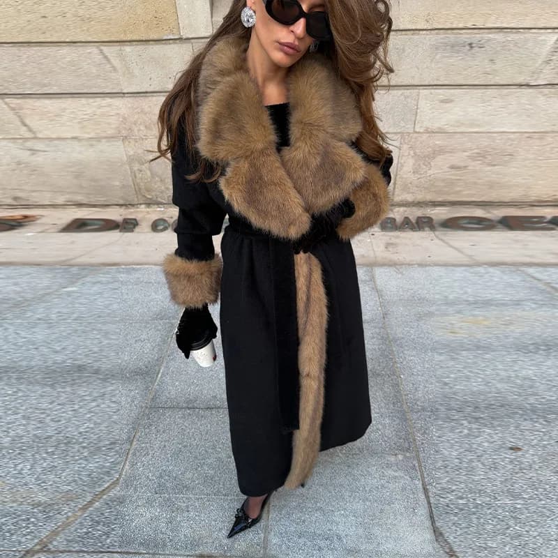 Elegante cappotto in lana con collo in pelliccia sintetica Cappotto lungo invernale da donna Cintura con cravatta di lusso Giacca in misto cashmere Capispalla estetica Old Money