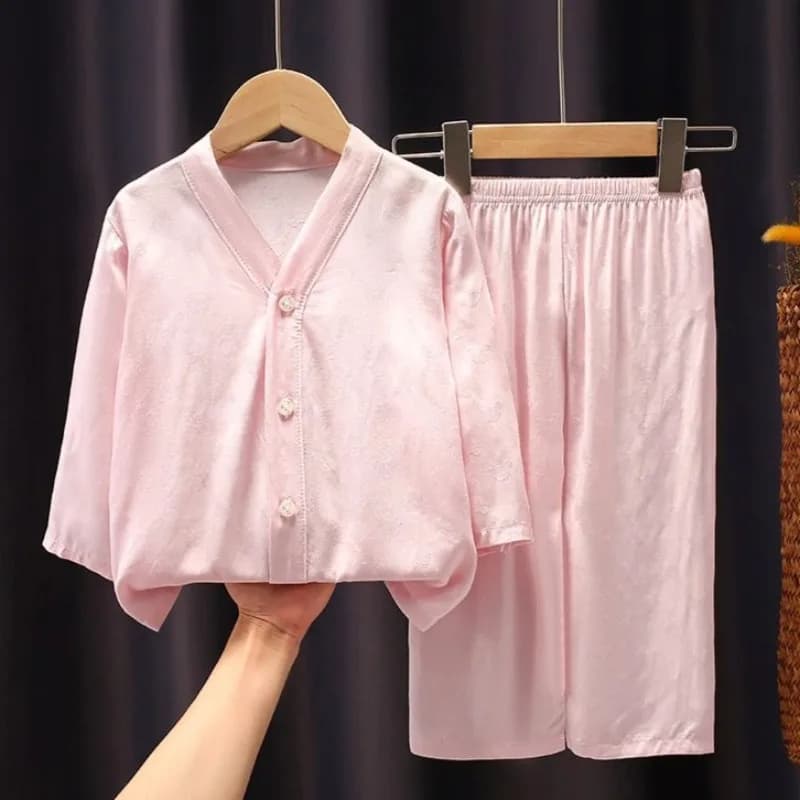 Nuovo Set Pigiama a Maniche Lunghe per Bambini, Leggero in Cotone e Seta Jacquard per l'Estate, Abbigliamento da Casa per Ragazzi e Ragazze
