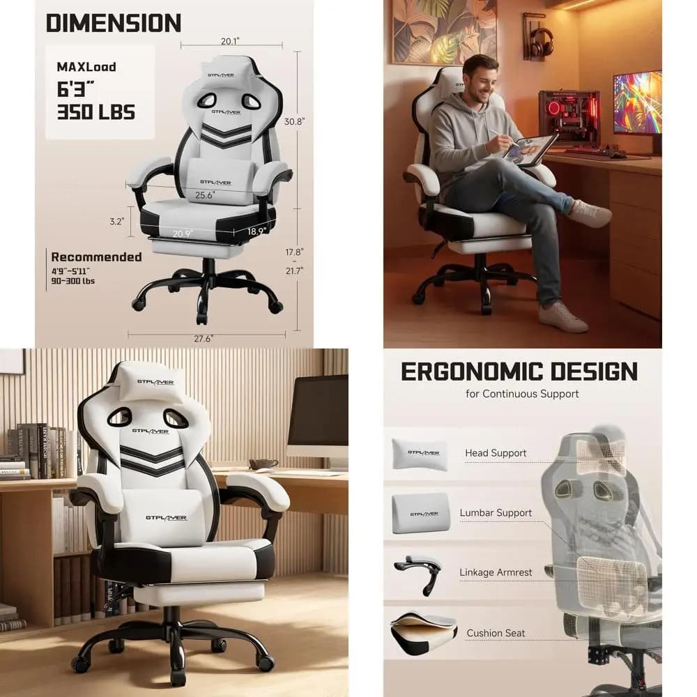 Sedia da Gaming Ergonomica per Persone di Statura Alta con Poggiapiedi e Supporto Lombare, Comoda Sedia da Ufficio, 90-155 ° Poltrona Reclinabile, Robusta e Larga