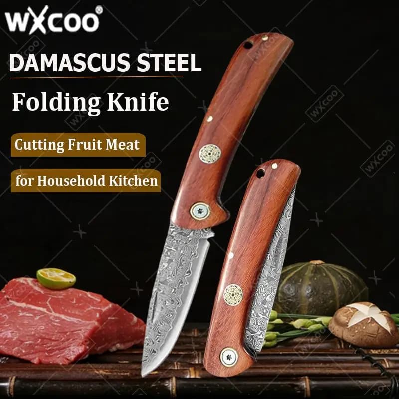 Coltello Pieghevole WXCOO in Acciaio Inossidabile, Coltello Tascabile in Acciaio Damascato per Tagliare Frutta e Verdura, Utensile Domestico