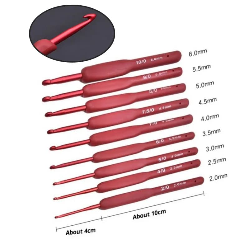 Uncinetto in alluminio rosso da 9 pezzi con impugnatura ergonomica per mani artritiche, aghi da maglia extra lunghi per principianti e filato per uncinetto