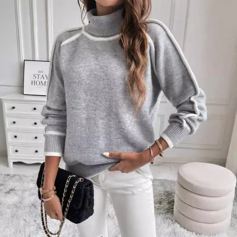 Felpa con cappuccio calda spessa lavorata a maglia elegante da donna nuova moda autunno e inverno Maglione versatile con collo alto e mezzo collo a blocchi di colore