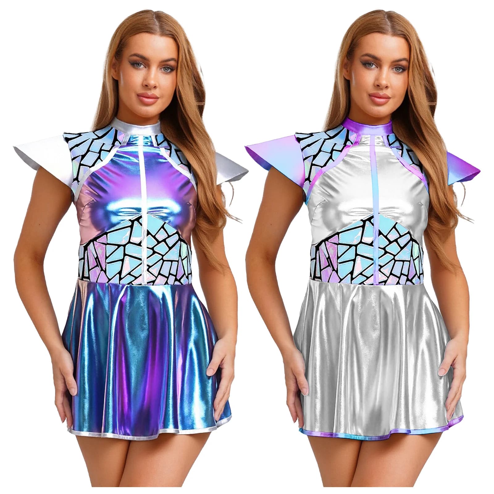 Women's Space Alien Astronaut Cosplay Costume, cosplay costume with glossy metallic sequins, fly sleeves, trapeze dress for Halloween Rave disco