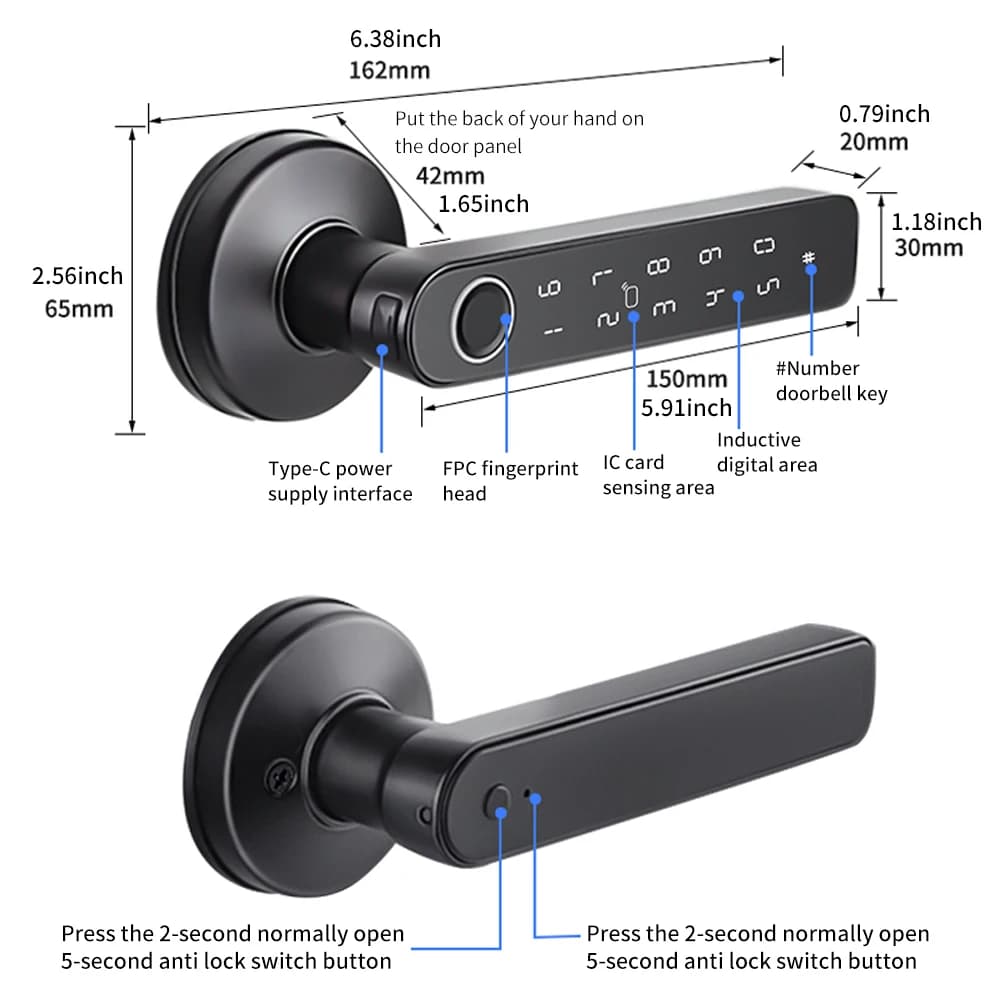 Tuya Manopola per serratura con impronta digitale intelligente Serratura per porta digitale wireless Bluetooth Chiusura per porta d'ingresso senza chiave Serratura remota di sicurezza domestica