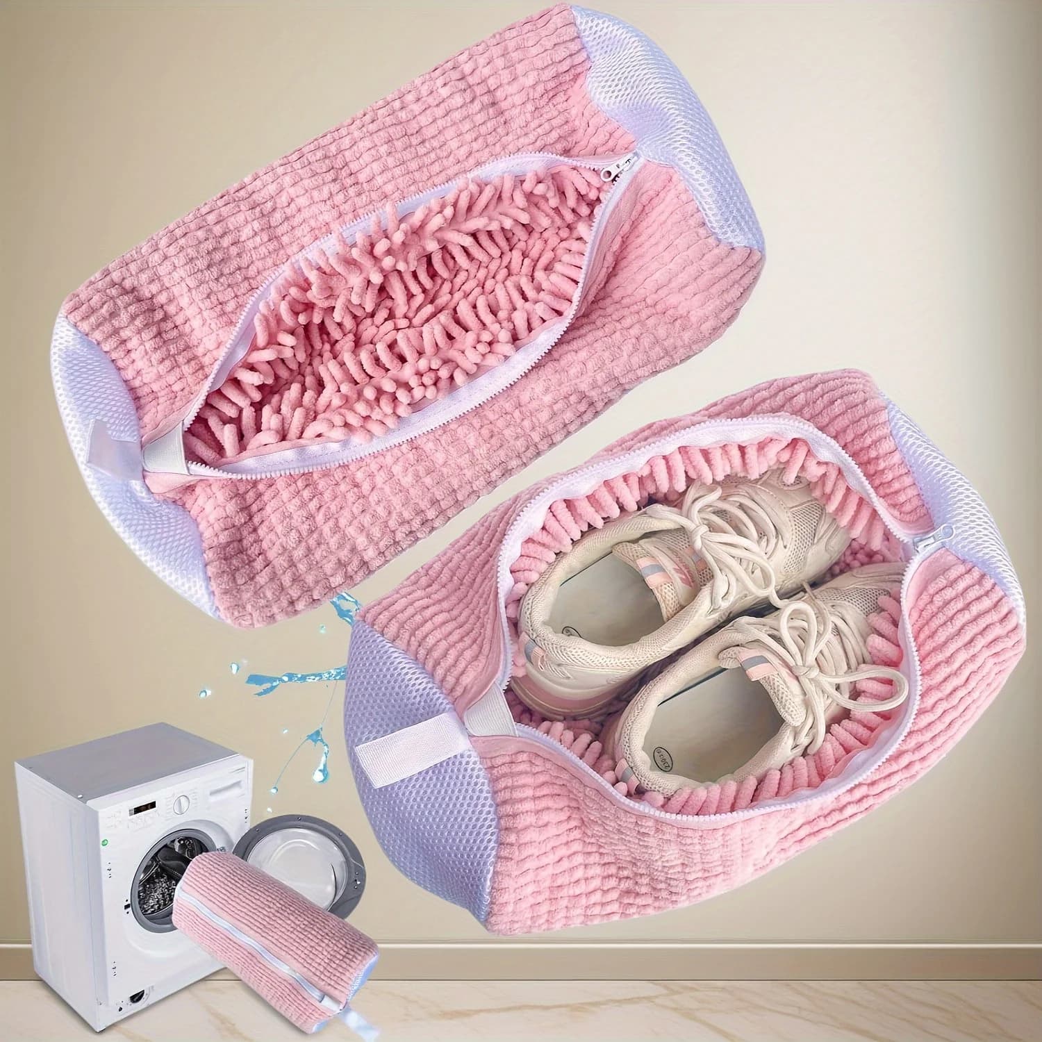 1pc Pink Zipper Shoe Laundry Washing Bag, Reusable Durable Sneaker Cleaning Bag For Washing Machine Dryer, Fit All Kinds Of Shoe