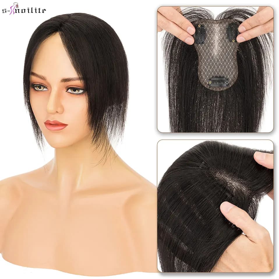 S-noilite Hair Toppers for Women Real Human Hair Topper 10 Inch Hand-tie Fluffy Clip in Top Hairpieces 3D 360°Cover Add Volume