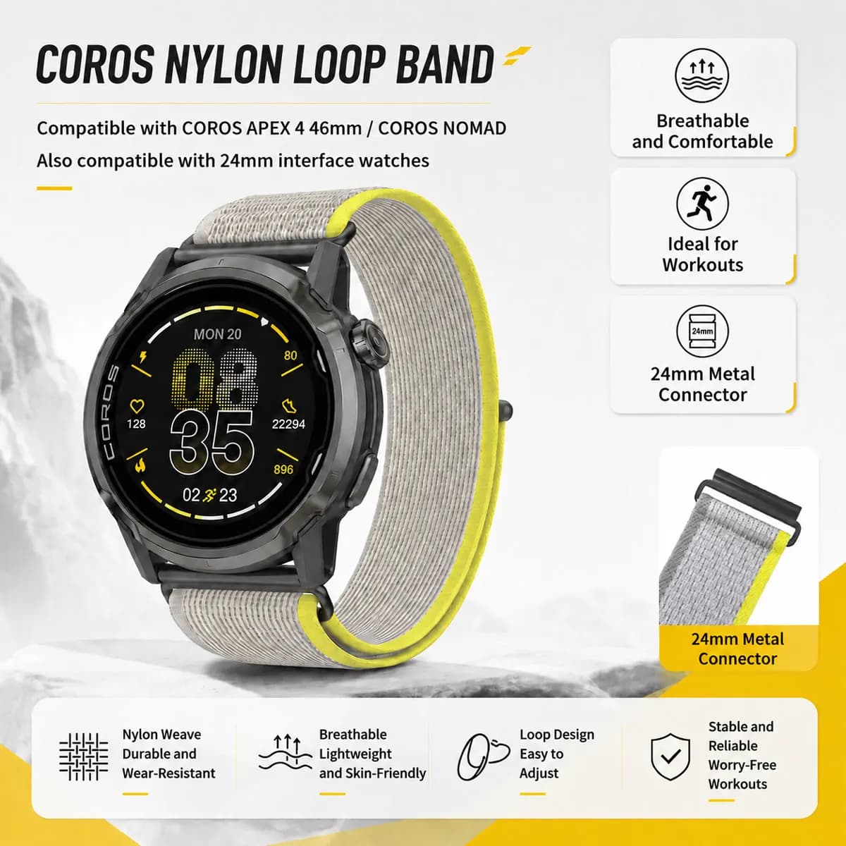 Compatible with COROS NOMAD / APEX 4 46mm Nylon Loop Watch Band Hook and Loop Strap 24mm Metal Connector Outdoor Sports Band