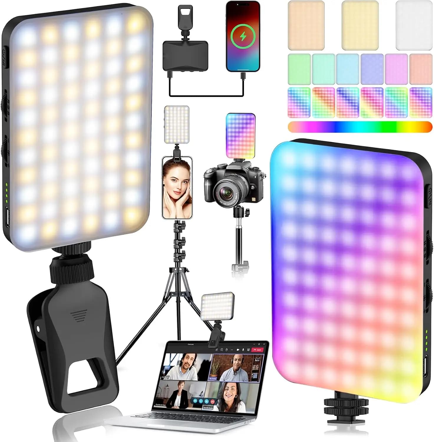 91 LED Portable Charger Selfie Light, 2000mAh Rechargeable, CRI 96+, 4 Modes, Clip & Tripod Adapter for Phone, Webcam, Laptop, Makeup