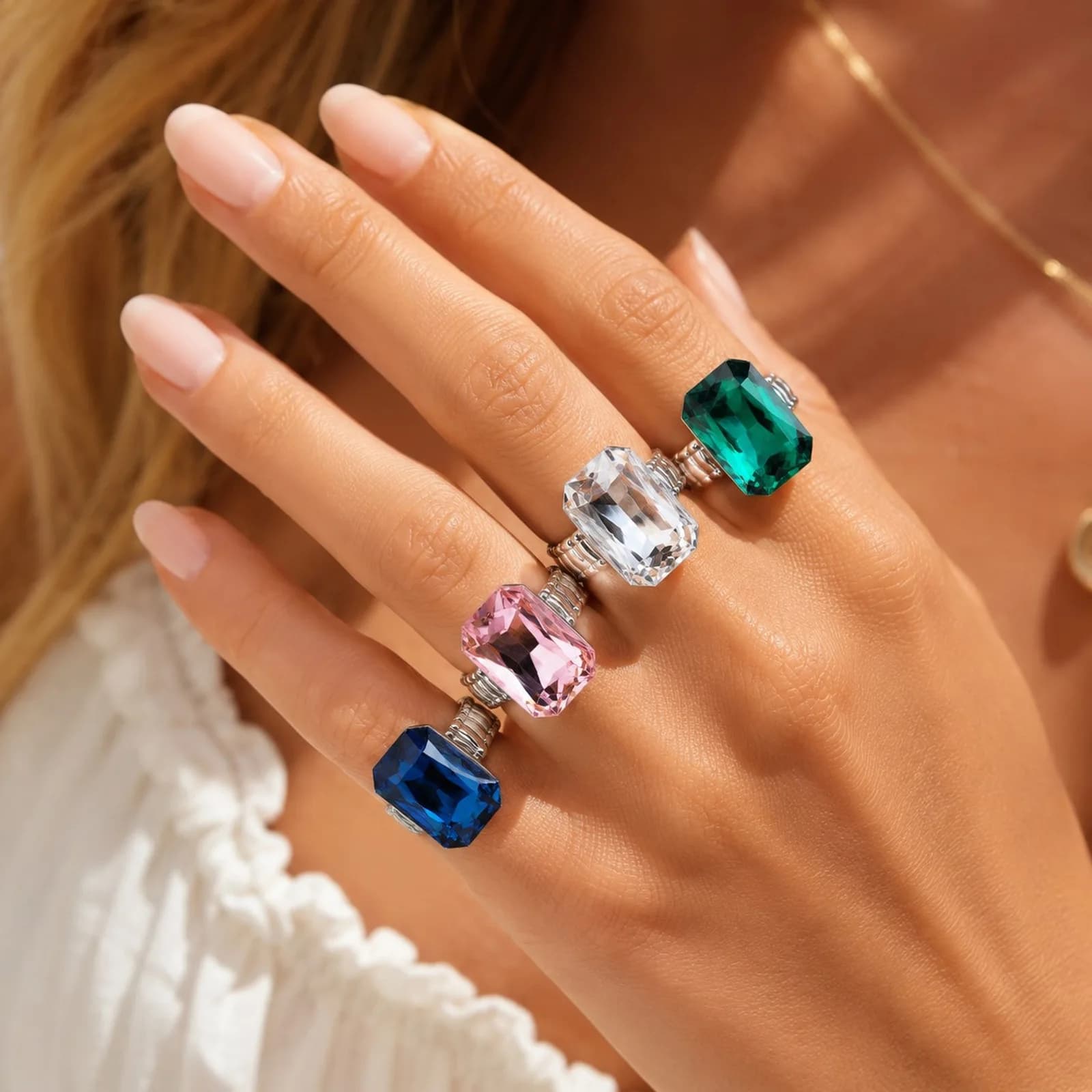 Luxury Large Crystal Rings for Women, Silver Color Shine Adjustable Bands, Dilay Party Jewelry Gift Waterproof