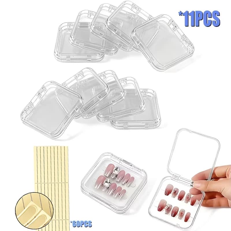Confezione da 10 Scatole Organizer in Acrilico per Unghie Finte – Espositore Trasparente per Unghie con 60 Nastri Adesivi per Salone e Conservazione Unghie Fai-da-te