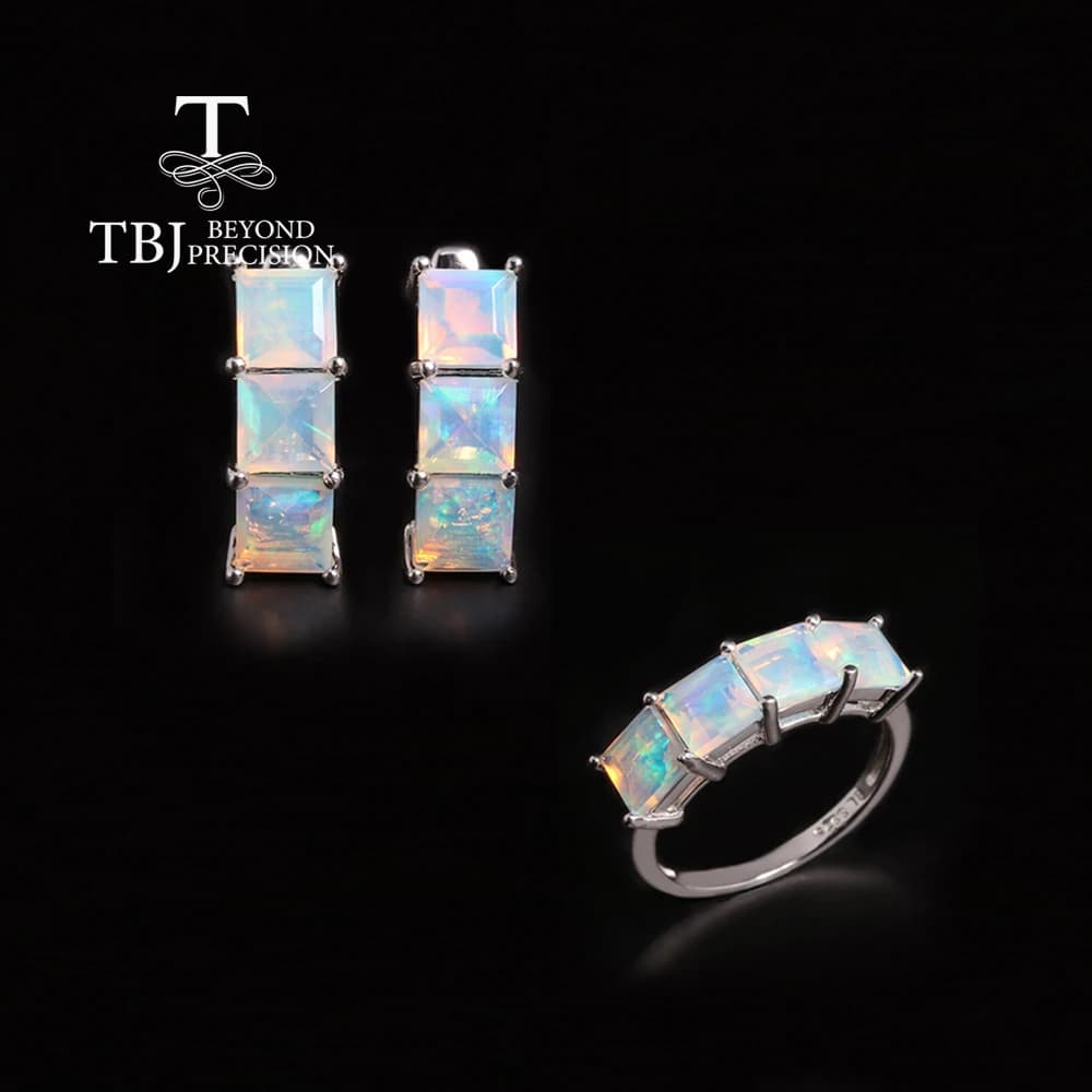 Natural Opal Square Shape Earrings 925 Sterling Silver Jewelry Set Fine Women's Accessory