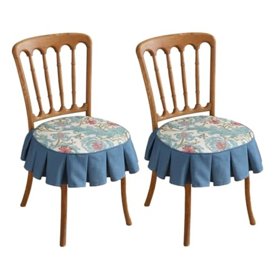 Confezione da 2 cuscini per sedie da pranzo con volant, cuscino per seduta floreale blu con lacci, rimovibile, antiscivolo, decorativo