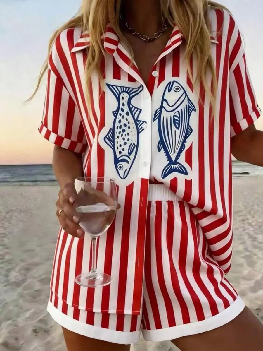 Set di camicia a maniche corte e pantaloncini a righe rosse e bianche da donna, completo casual per le vacanze