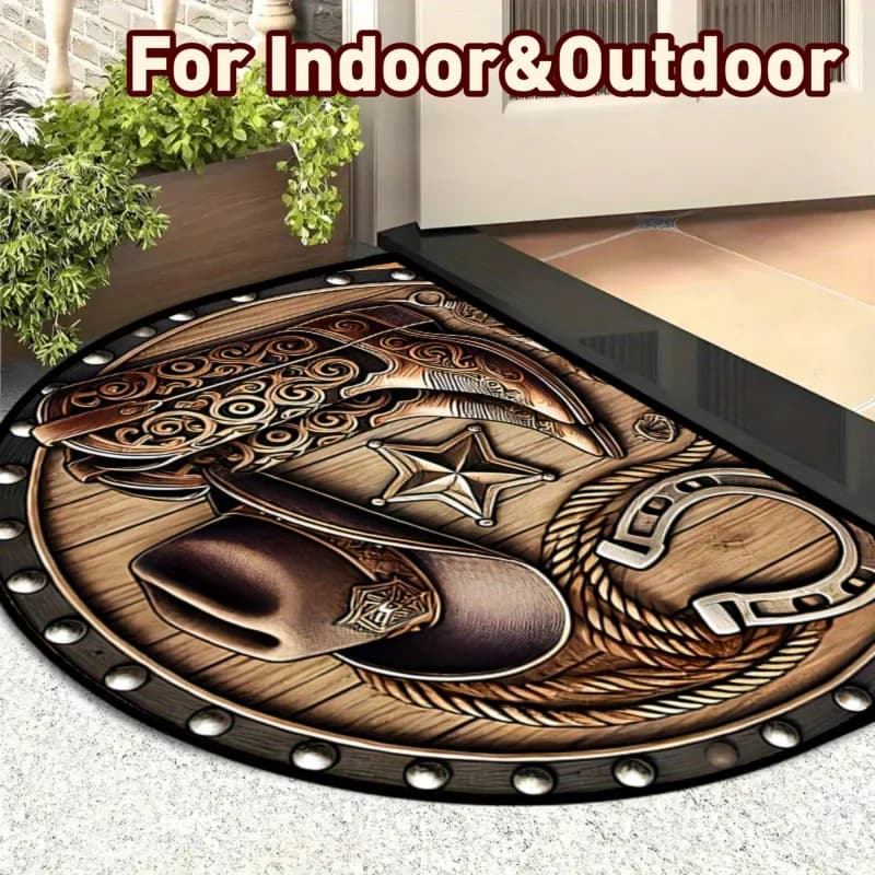 VIKAMA Tappetino semicircolare Western Cowboy, tappeto lavabile antiscivolo con stampa di stivali e stelle, tappeto rustico per decorazioni domestiche