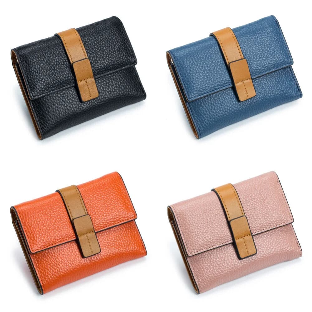 Portafoglio corto da donna in vera pelle, pochette alla moda con porta carte di credito, tasca portamonete, portafoglio sottile con blocco RFID a tre ante
