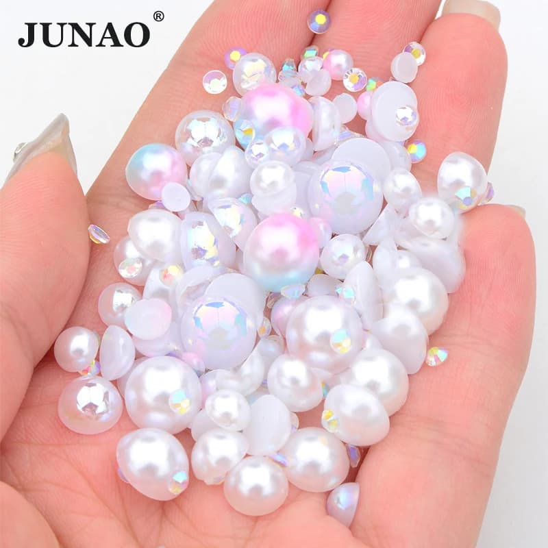 JUNAO 20g 3mm 4mm 6mm 8mm 10mm Formato Della Miscela Colore Della Miscela Bianco AB Flatback Perle Perline Strass Imitazione Mezza Perla Rotonda Per Il FAI DA TE