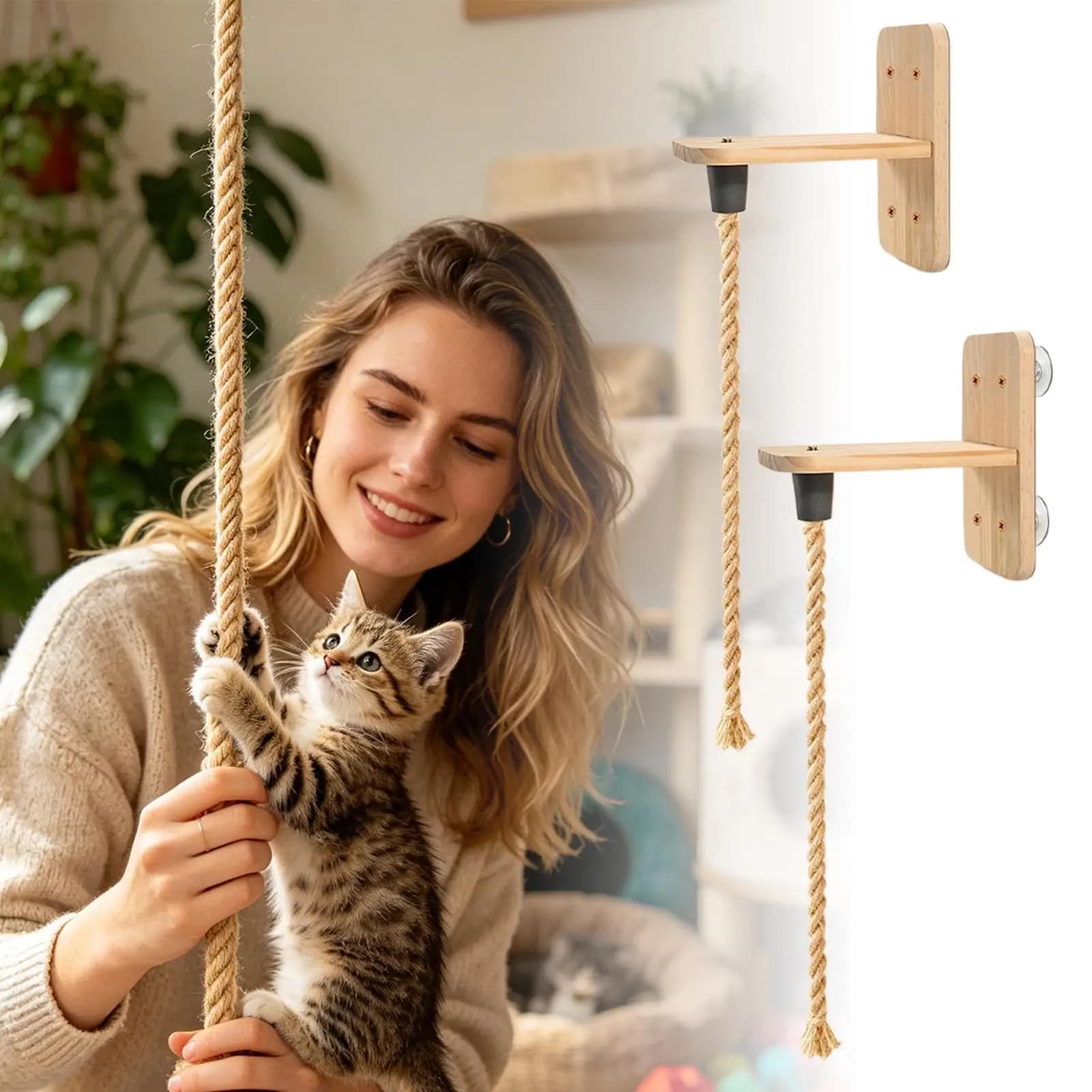 Corda per arrampicata per gatti da 6,56 piedi, giocattolo per animali domestici con tavola da salto, mensole a parete per gatti, per gattini che giocano, si grattano e si riposano all'interno