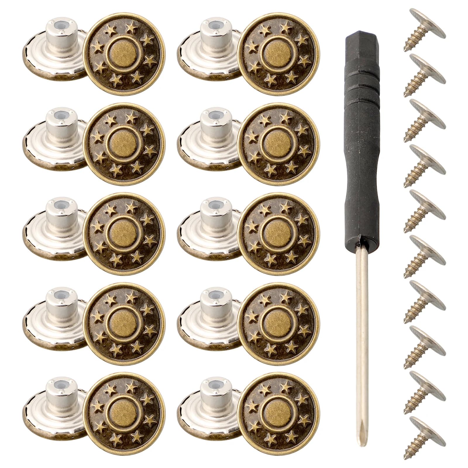 10PCS Chiusura a scatto Bottoni in vita jeans in metallo 17mm Sostituzione pulsante a vite senza cucitura Kit di riparazione Bottoni fai da te Accessori