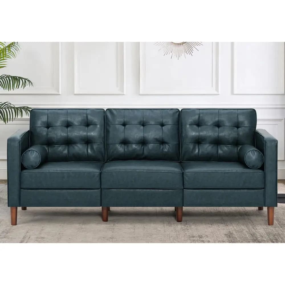 Divano in Ecopelle con Schienale Trapuntato, Divano a 3 Posti Imbottito con 2 Cuscini Decorativi, Divano Stile Mid-Century con Gambe in Legno per Soggiorno