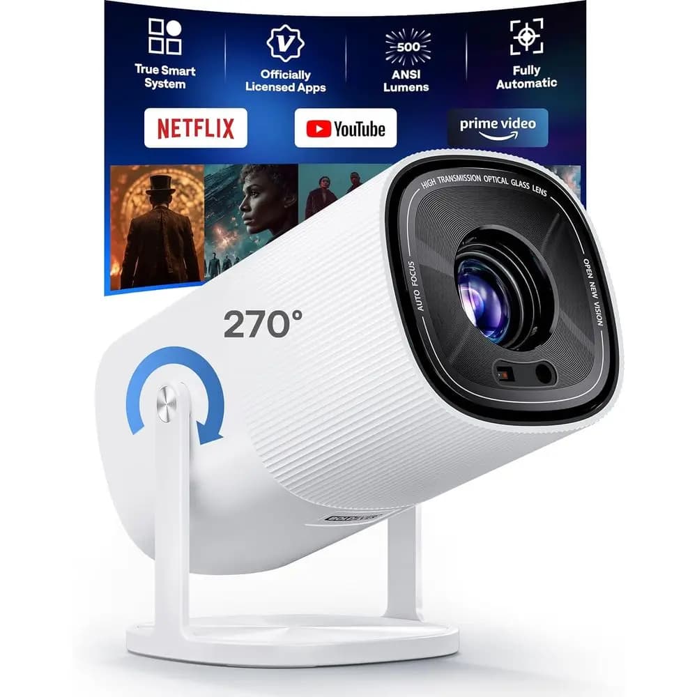 Proiettore Smart Mini 1080P Aggiornato 2026, 500 ANSI Lumen, Wii e Bluetooth, 270° ° Supporto Regolabile, Proiettore per Film da Interno/Esterno