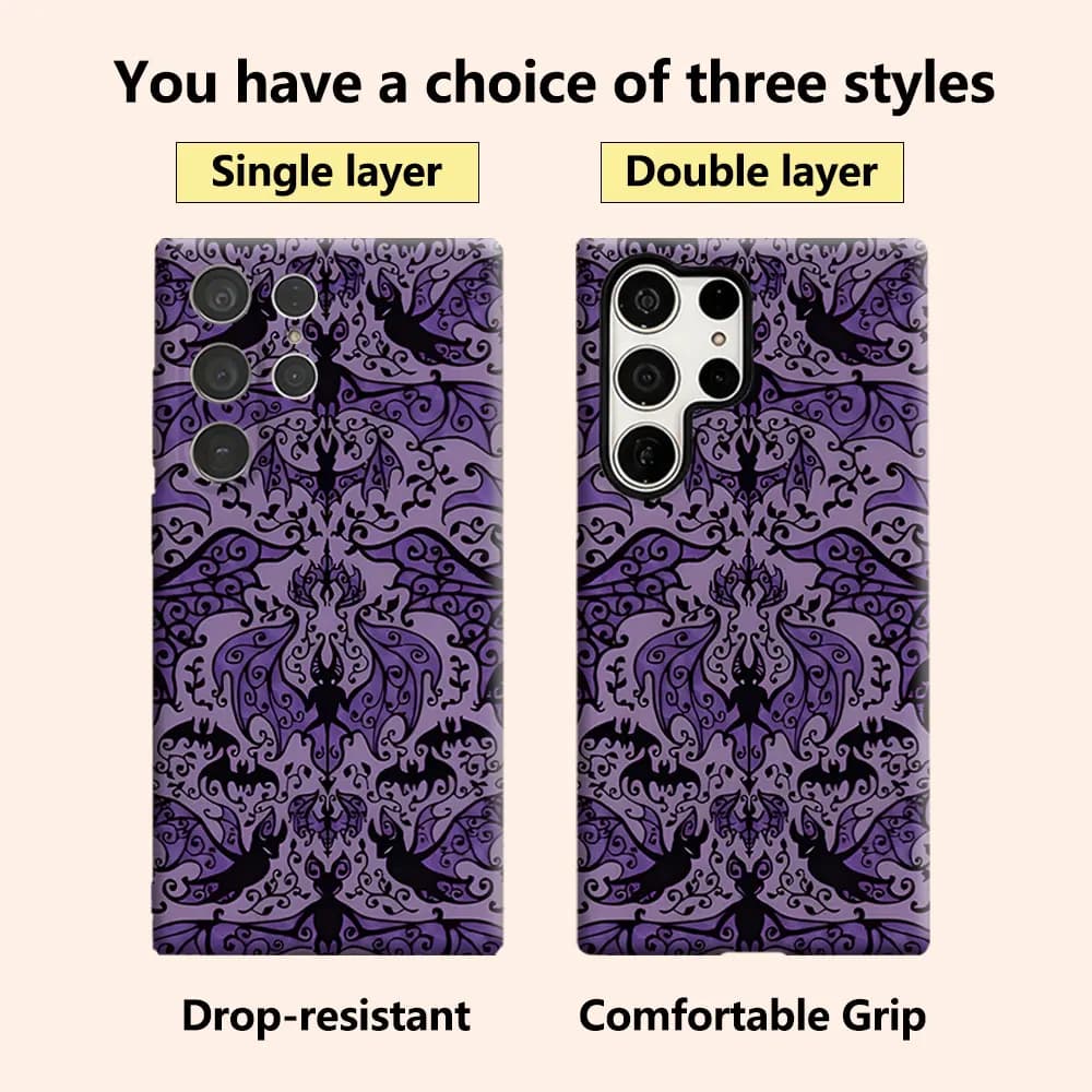 Purple Gothic Bat Tile Luxury Fashion Full Lens Protective Case for Samsung Galaxy S26 S25 S24 A56 A36 Plus Ultra