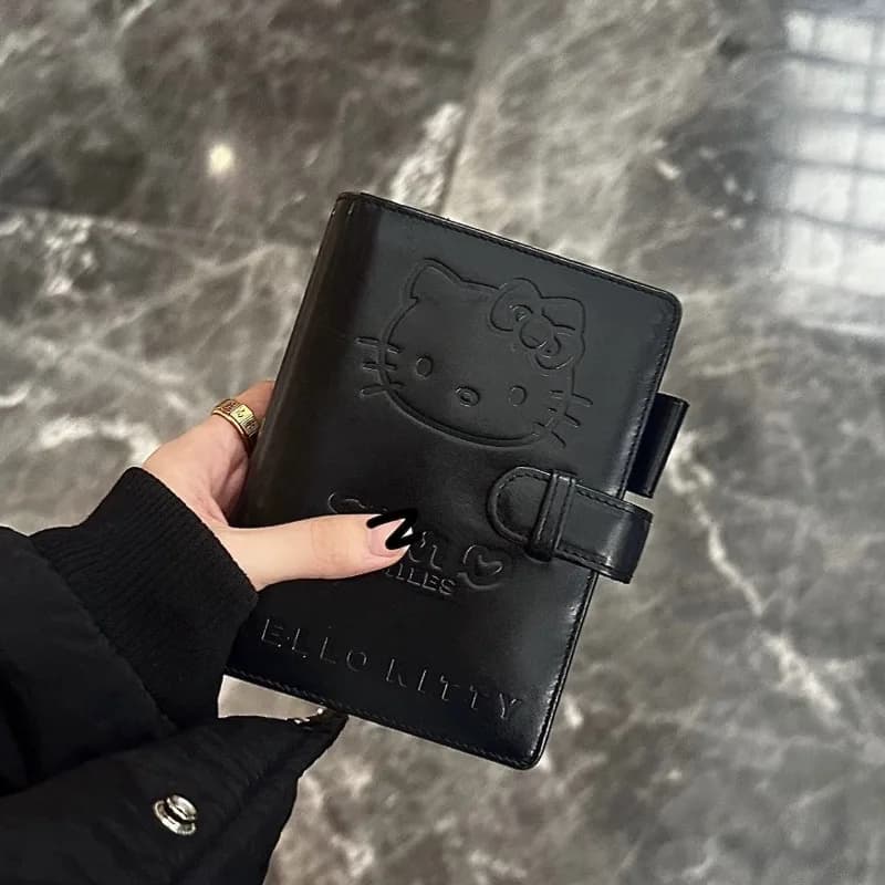 Kawaii Kitty A7 Retro Small Notebook - Black Faux Leather Binder, Portable Diary Set with Card Holder, 40 Pcs Blank Pages