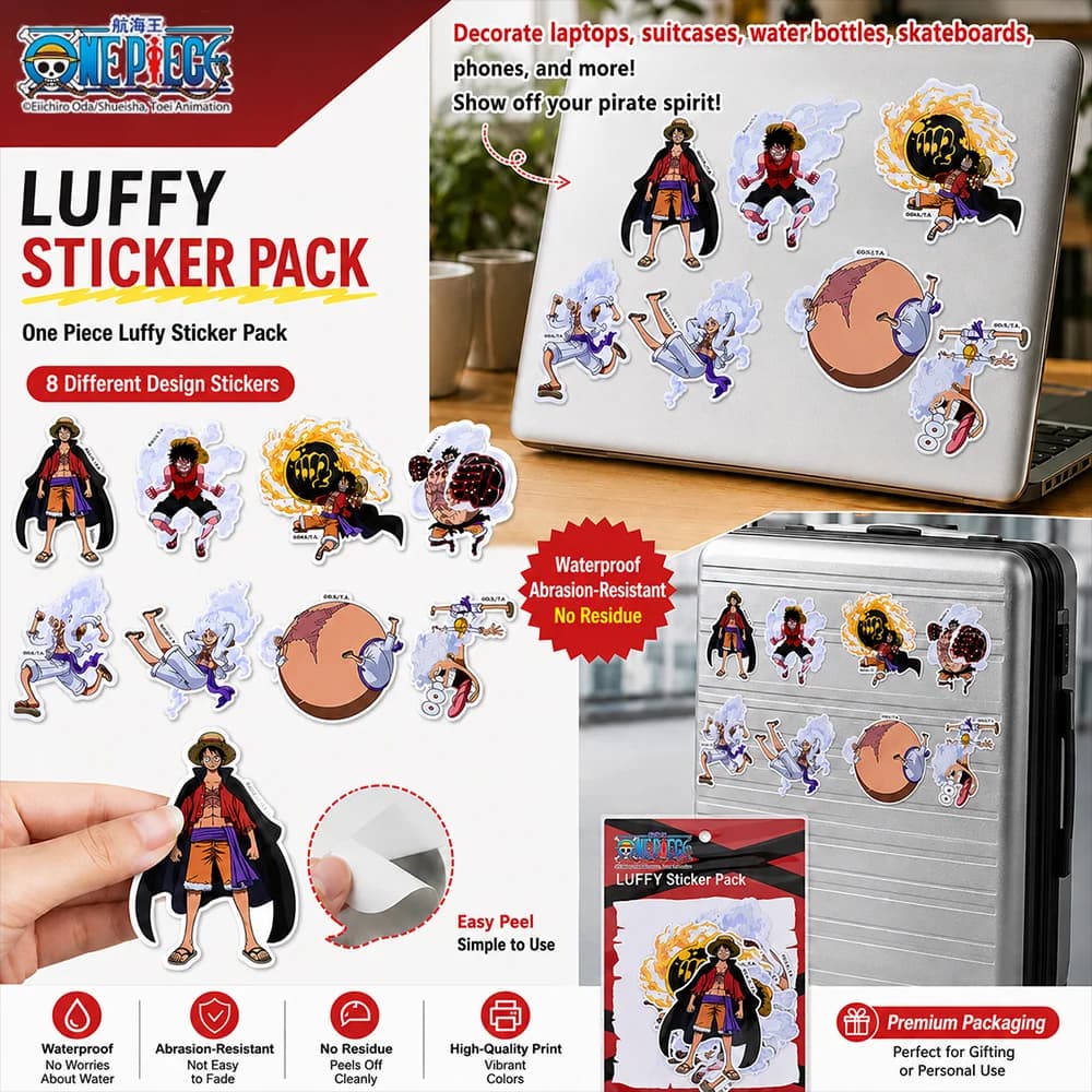 8pcs Official One Piece Luffy Sticker Pack, Anime Waterproof Decal Set for Laptop Phone Luggage DIY Decoration Fans Gift.