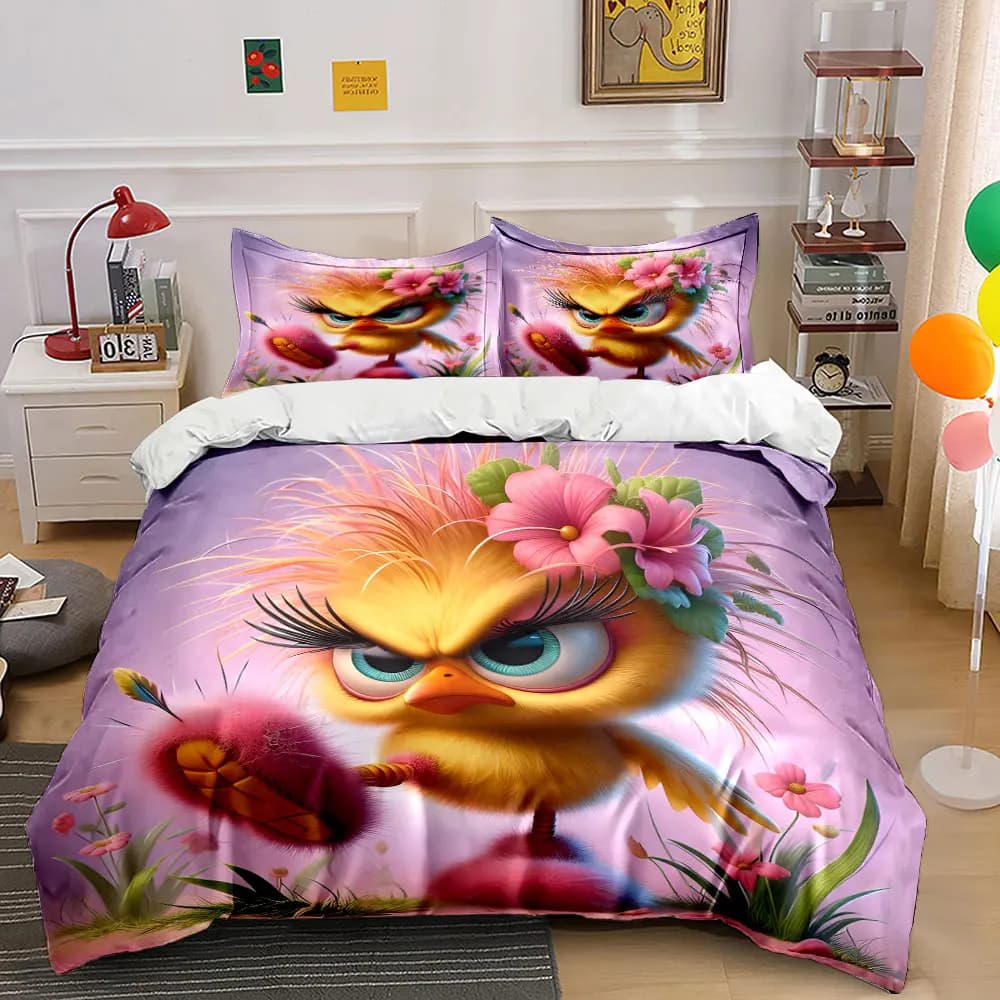Set di Biancheria da Letto con Stampa di Creature Soffici e Fiori Rosa, Morbido e Confortevole, Include 1 Copripiumino e 2 Federe