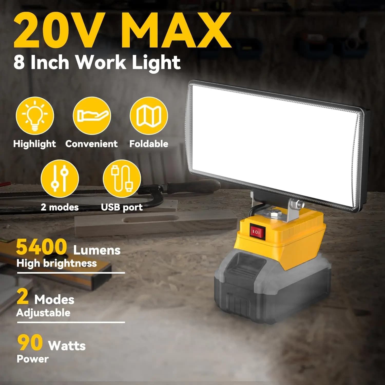 Faro da lavoro a LED da 8 pollici con funzione di power bank USB per Milwaukee per Dewalt DCB200 18V 20V (batteria non inclusa)