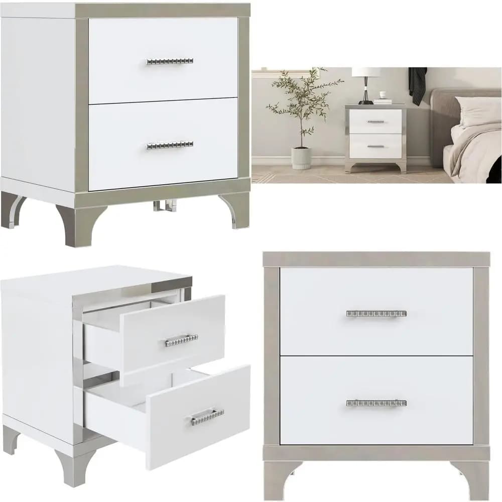 Comodino con Maniglia in Metallo Lucido, Piano a Specchio e 2 Cassetti per Camera da Letto o Soggiorno in Bianco