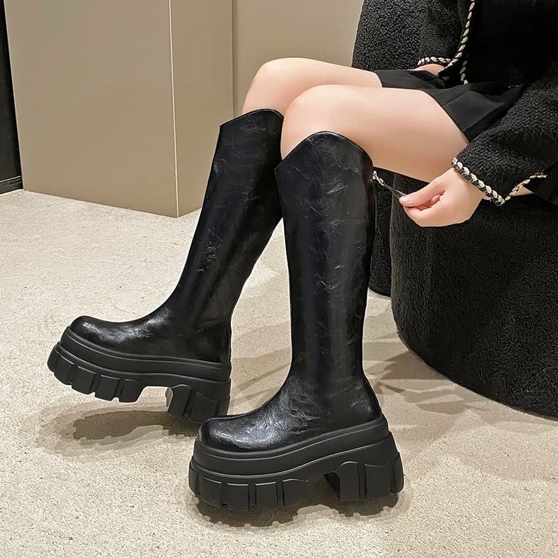 New Winter Knee High Boots Women Chunky Leather Long Boots 9CM High Heels Warm Fur Punk Shoes Platform Motorcycle Booties Woman