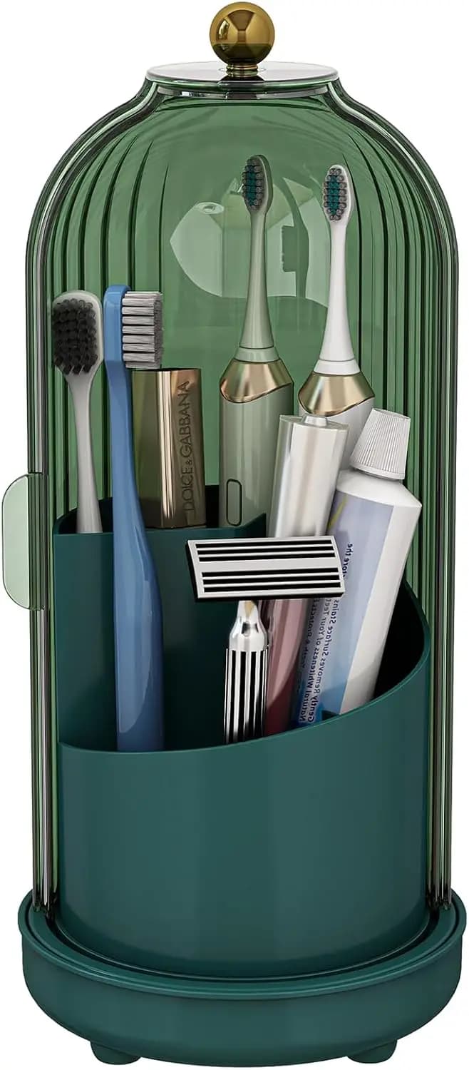 Green Rotating Electric Toothbrush holder with Cover, 3-part Bath Organizer for Drainage on the Bank