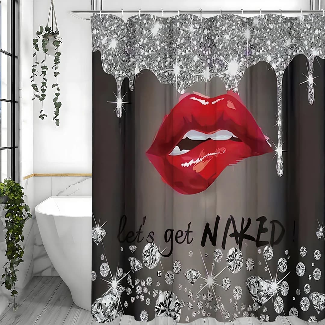 Tenda da Doccia Sexy con Labbra Rosse, Diamanti Scintillanti e Scritta 'Let's Get NAKED', Decorazione Glamour per Bagno, Design in Tessuto Impermeabile