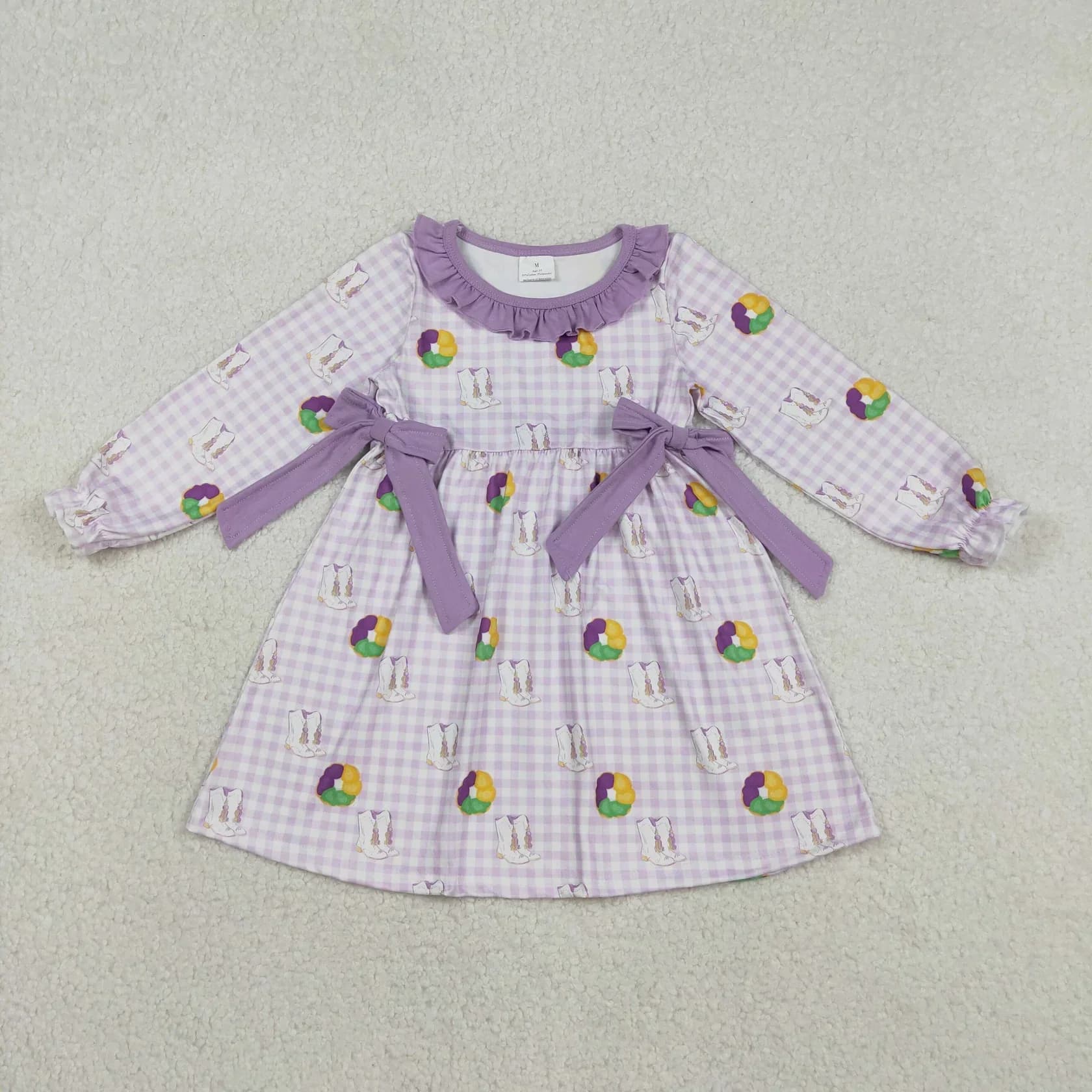 Vendita all'ingrosso Bambini Bambini Maniche lunghe Stivali Archi Abito al ginocchio Ragazze del bambino Plaid viola Neonata Mardi Gras Abbigliamento