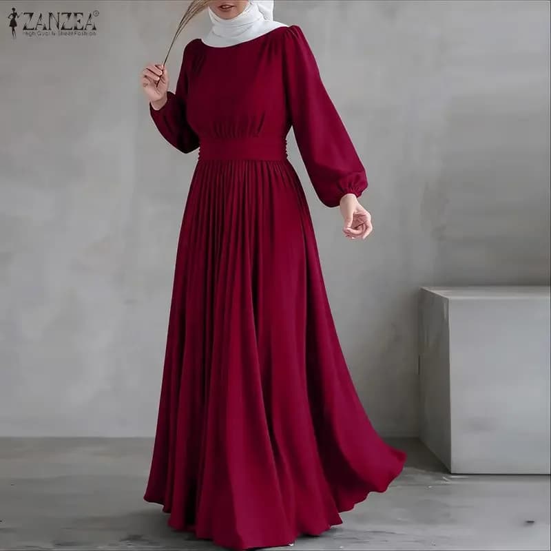 Elegante abito Abaya musulmano ZANZEA donna elegante solido abito da festa linea O collo manica lunga vestito estivo Ramadan Robe Vestido caftano