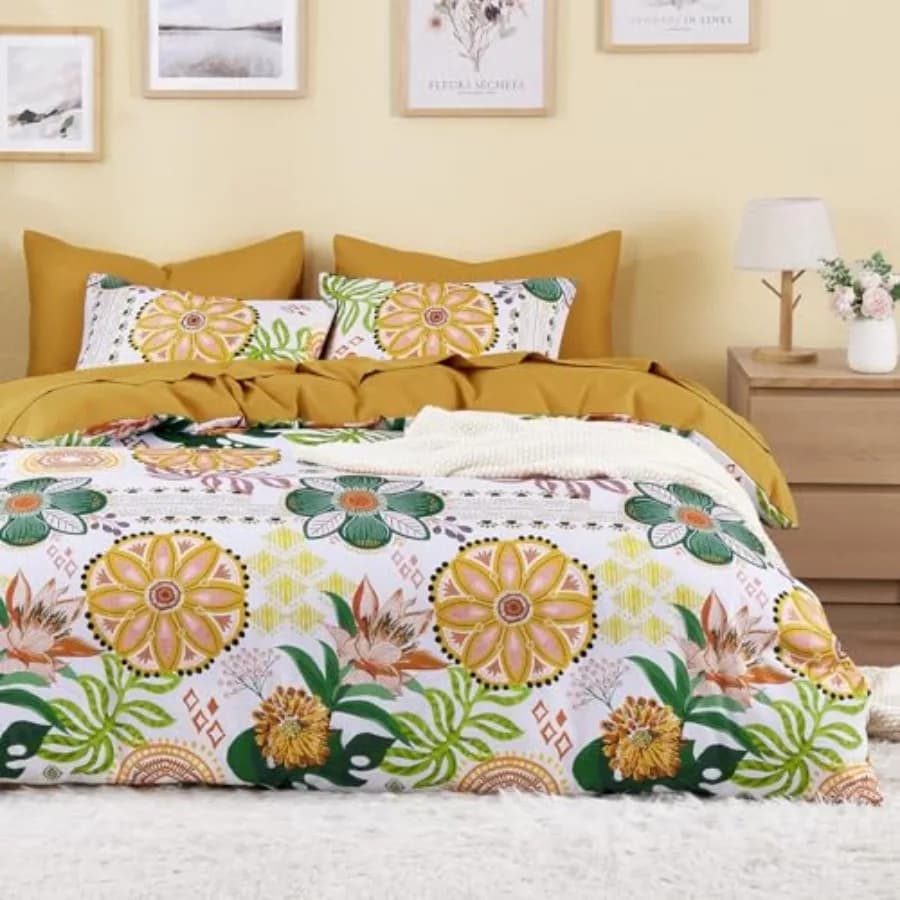Set Copripiumino Boho, Stile Floreale Botanico Western con Fiori Colorati e Foglie Tropicali, Morbido e Leggero