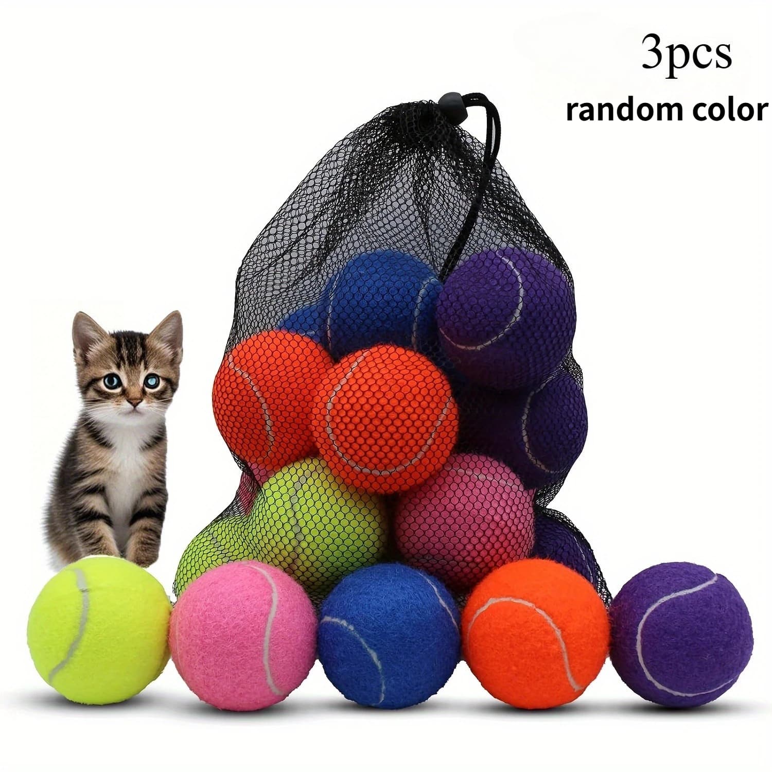 3pcs Random Color High-Bounce Tennis Balls, Durable Rubber & Felt, Multi-Color Training, Pet Play Cat and Dog Toy Ball