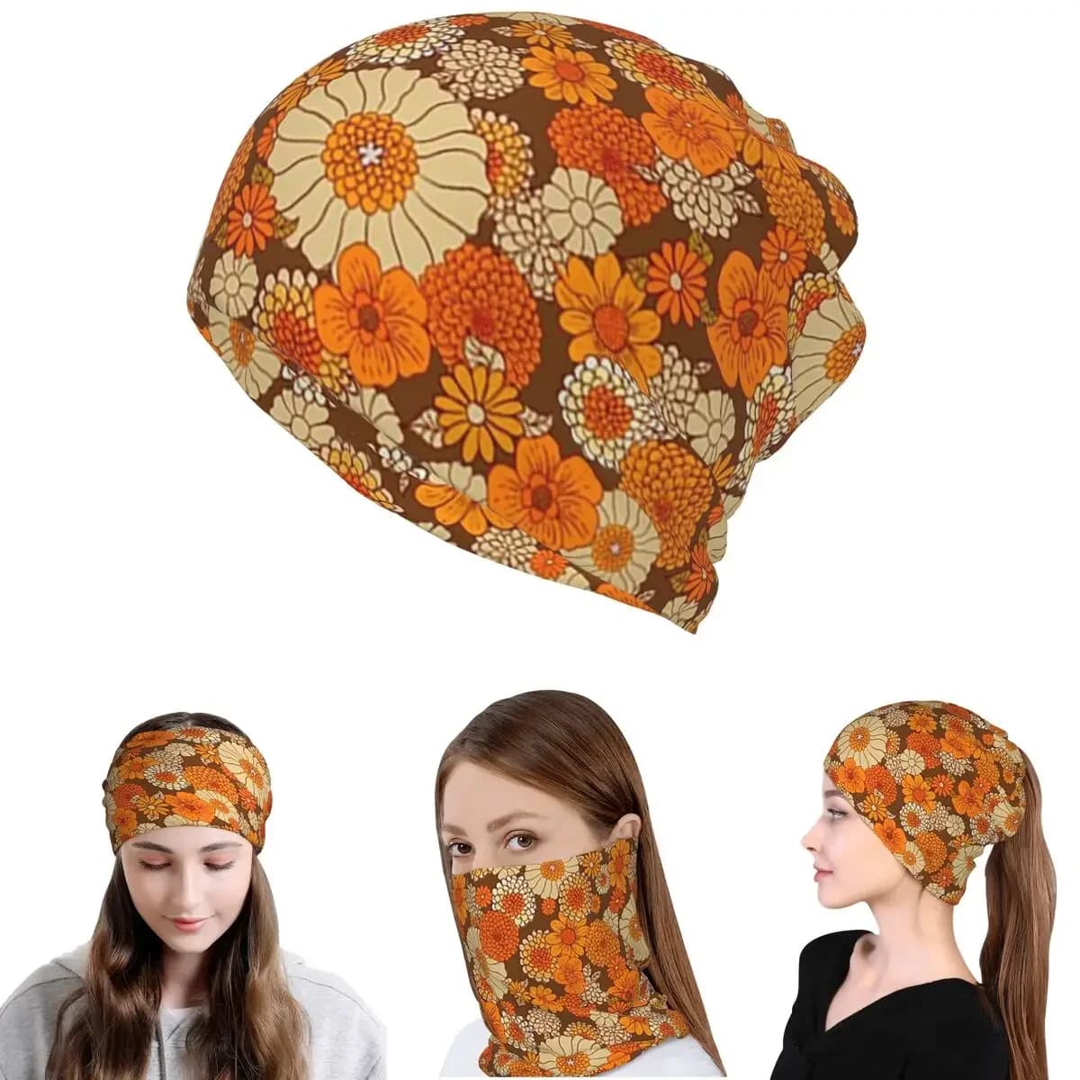 70s Retro Daisies Vintage Flower Power Orange And Brown Boho Bandana Neck Cover Wrap Mask Scarf Cycling Scarf Beanies Hat Unisex