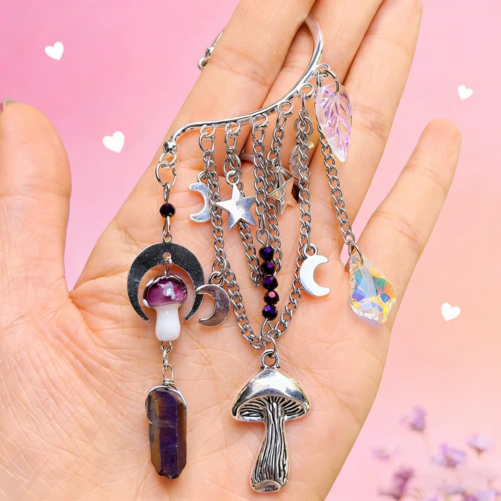 No Piercing Ear Cuff Single Earring Mushroom Moon Star Crystal Tassel Bohemian Fairycore Forest Witchy Dangle Jewelry for Women