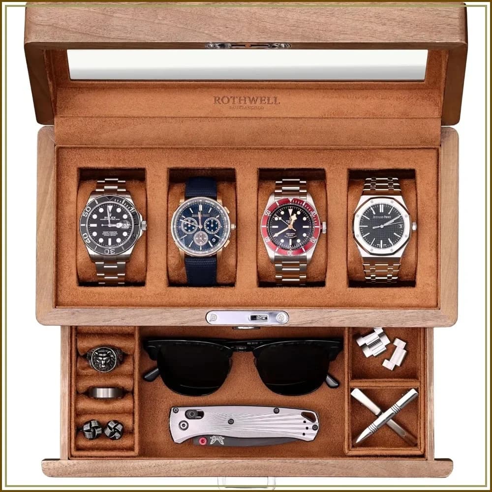 4-Slot Solid Walnut Watch Box with Valet Drawer - Locking Glass Top, Microsuede Liner, Premium Display Case for Men & Women