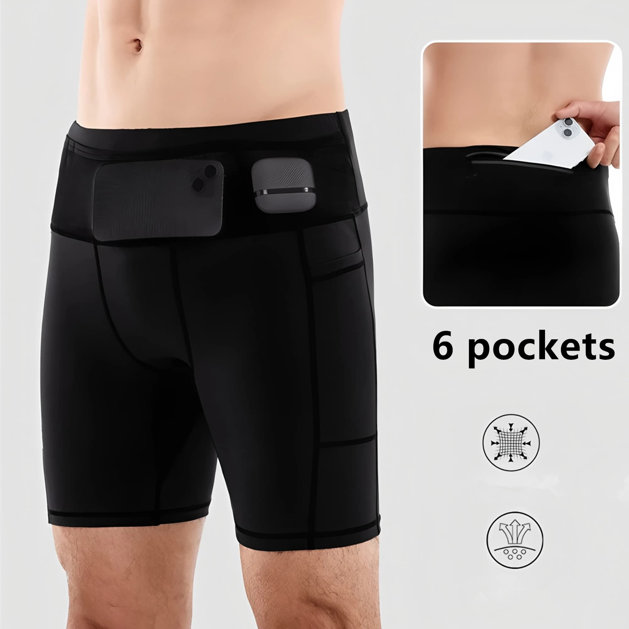 Pantaloncini da Corsa a Compressione da Uomo con 6 Tasche e Marsupio, per Fitness, Palestra, Yoga, Ciclismo, Sport, Escursionismo, Asciugatura Rapida